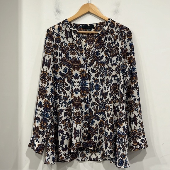 Anthropology Sanctuary long Sleeve Buttoned Blouse Floral Brown Blue on White S - Picture 2 of 10